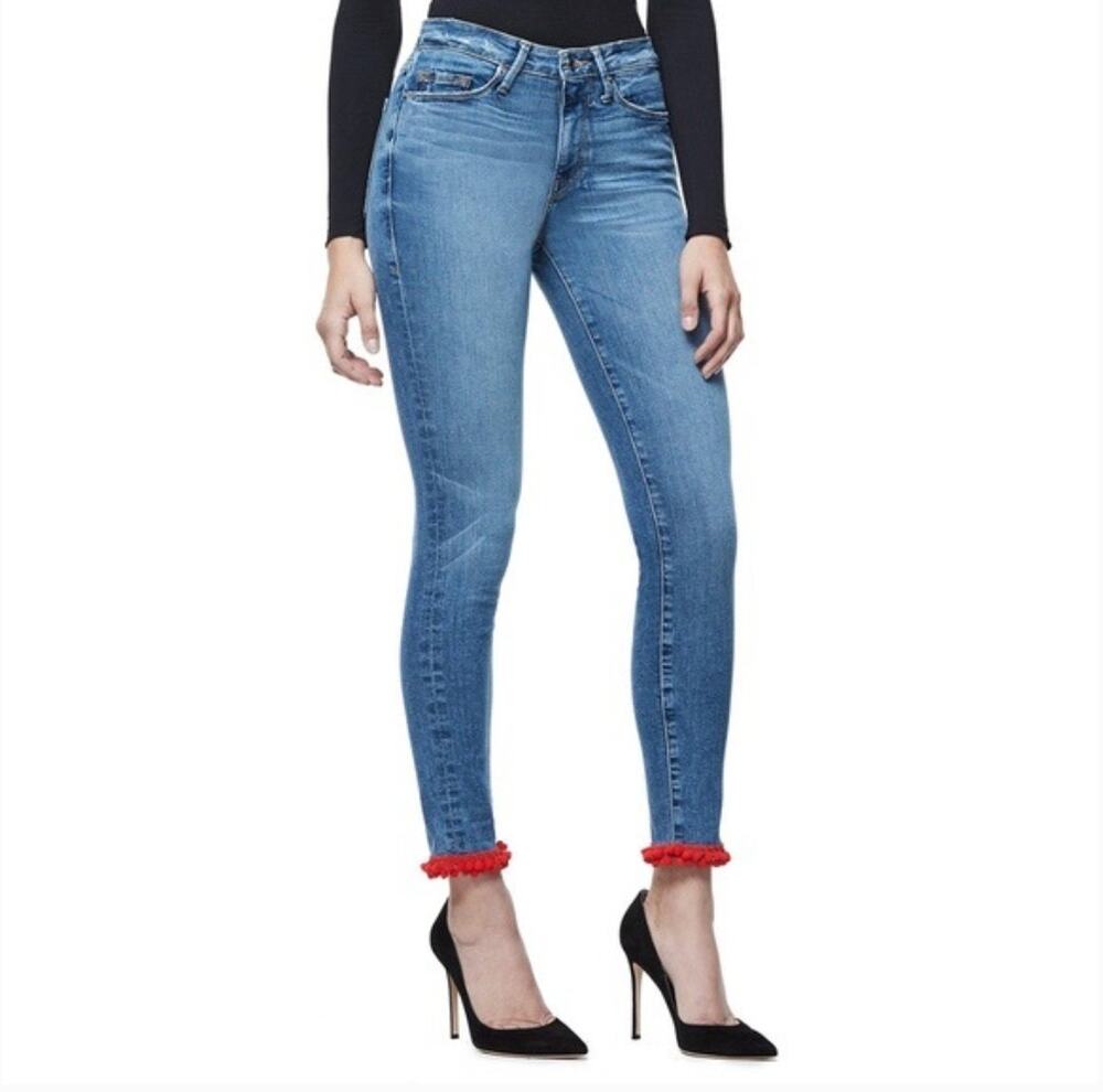 Good American Blue High Rise Pom Pom Skinny Good Legs Jeans Size 0/25
